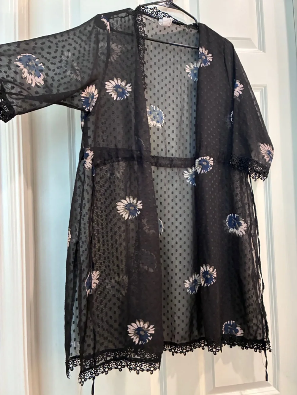 Source Unknown Black Sheer Floral Duster with Blue & White Flowers